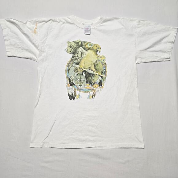 Vintage Animal Shirt White XL Native Wildlife Bear, Hawk, Wolf Nature Tee 90s - Picture 1 of 7
